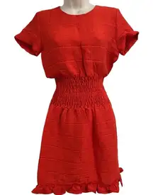 Maje Red Textured Smocked Waist Short Sleeve Ruffle Hem Dress Size 1