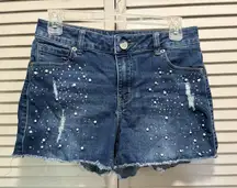 Maurices‎ Raw Hem Pearls/Gems Jean Shorts Mid Rise Size 3/4 Zip Med Wash Summer