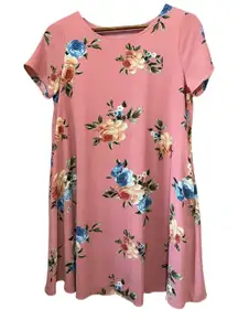 MTS Floral Print Pink Short Sleeve Swing Dress Women's Size Medium‎
