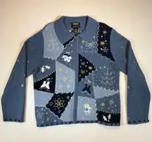 Studio La La Winter Patchwork Zip Up Sweater Women Blue Ice Skates Snowflakes
