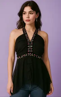 Y2K Whimsigoth Velvet Sequin Halter Top Fairycore Goth Flirty Boho 14/16