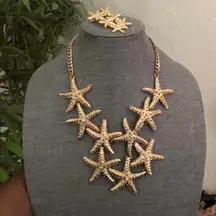 Natatasha Gold starfish chunky layered necklace & two (2) hair clips set-mermaid boho hippie indie western fairy #beachy #vacation #summer #festival #Caribbean hawaii Measurement in pics