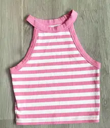 NWOT American Eagle Pink White Striped Ribbed Cropped Tank Top Size Small