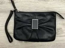 Black Genuine Leather Wristlet Silver Hardware Approx 7.5" x 5"