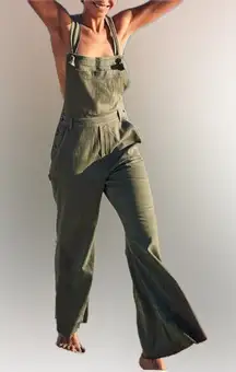 Aerie Army Green Wide Leg Raw Edge Knot Strap Overalls Jumpsuit Pantsuit XS Boho