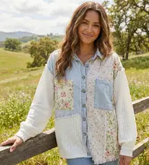 Women's POL Light Blue Floral Patchwork Button Down Shirt L