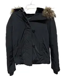 Theory Fur Hood Puffer Jacket Black Stretch Cotton Size Medium Thick Lined