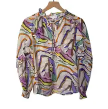 THML Abstract Multicolor Sheer Ruffle Blouse Tie Neck Long Sleeve Women’s Small
