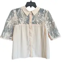 Lulu's Cream Embroidered Floral Lace Sequined Button Down Blouse Size Large