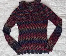 Vintage Colorful Gradient Crochet Open Knit Long Sleeve Sweater Y2K 70s - Small