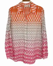 Chico's Cotton Button Up Shirt Large Pink Orange Ombre Ikat Print Resort Casual