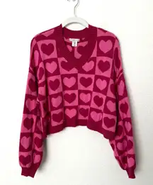[Sincerely Jules] Pink Geometric Heart Print V-Neck Oversized Sweater Sz Medium