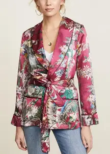 F.R.S For Restless Sleepers Burgundy Tropical‎ Floral Silk Kimono Jacket Size XS