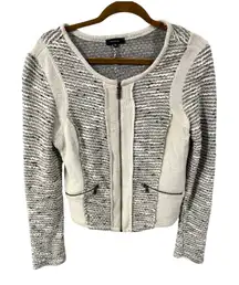 DREW Gray and Cream Tweed Knit Zipper Front Cardigan