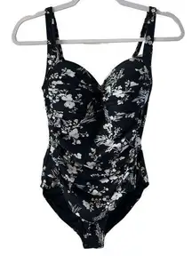 Niptuck Womens Floral Black Silver White Ruched Bodice One Piece Swim Suit 8