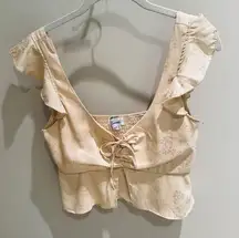 Luvalot Floral Ruffle Top Tie Front Smocked Crop Top Beige Size 6