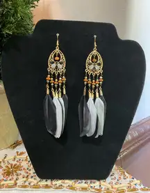 Gold and black feather earrings 