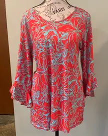 Escapada Red and Blue 3/4 Ruffled Sleeves Lightweight Floral Top Women’s Large