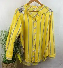 Anthropologie  Fig & Flower Yellow Stripe Floral Convertible Sleeve Button Top M