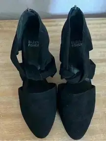 EILEEN FISHER‎ Mary Knotted Black Suede Cutout Kitten Heel Pumps - US 7.5