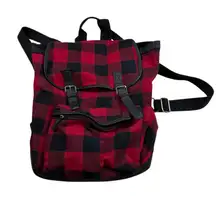 Red Black Buffalo Plaid Backpack Flannel Faux Leather Trim Buckle Closure (flaw)