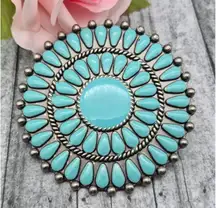 Silver Tone & Faux Turquoise Belt Buckle Round Southwest Native Inspired SEE Bac