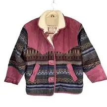ADA Western Aztec Sherpa Lined Jacket Coat Boho Southwestern Faux Suede Yoke M