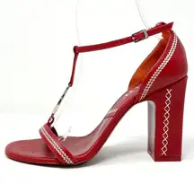 Dior Red Leather Letter Logo White Stitch Embroidered High Block Heels Sandals