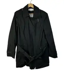 Calvin Klein  Black Asymmetrical Zip Belted Trench Coat L