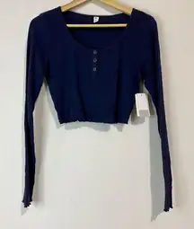 . Women’s Scoop Neck Waffle Knit Cropped Henley Long Sleeve Navy Size Med NWT