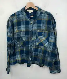 Madden Girl Long Sleeve Plaid Cropped Top w/Front Pockets & Sequin Patch size XL
