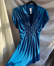 Y2K Heart Soul Ruffle Cinched Babydoll Blue Blouse Top XL Paris Hilton 2000s