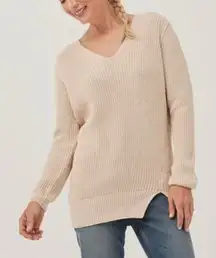 Pact Organic Cotton V Neck Knit Long Sweater Small Tan Cream