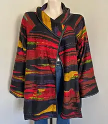 Boho Art Knit Jacket Abstract Striped Shawl Collar Cardigan L Ali Miles