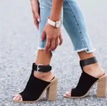 Marc Fisher Black Suede Wedge Chunky Heel Sandal Booties Ankle Strap 8.5