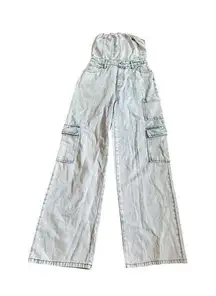 Wild Fable Denim Jean Cargo Jumpsuit Cream Blue Tube Top Corset Smocked Back XS