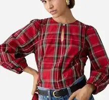 J.Crew  100% Cotton Tartan Plaid Puff-Sleeve Keyhole Poplin Blouse Red Large