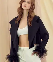 FORE Womens Feather Cuffed Cropped Blazer Black Size Large Grunge‎ Maximalist