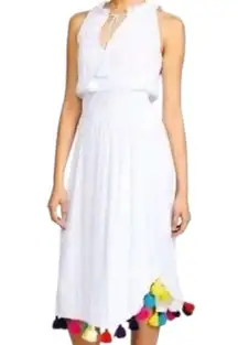 MISA Los Angeles Women’s S White Athena Rainbow Tassel Hem Split Neck Midi Dress