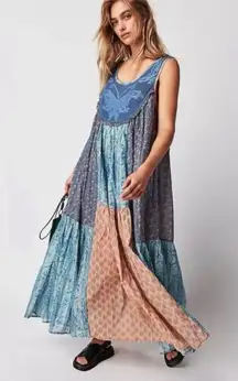 Free People Bohemian 70s Patchwork Hippie Lost Palms Craft Maxi Dress Medium