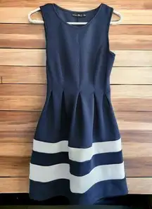 Apt. 9 Dress Womens Small Scuba Fit Flare Navy Blue White Midi Dress w/ POCKETS!