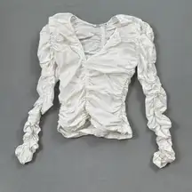 Zara Womens Ruched Top S White Long Sleeve V-Neck Blouse Side Zipper Ruching