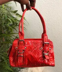 Red snakeskin patent faux leather mini shoulder hand bag purse silver buckles #gothic #whimsygoth Measurement in pics