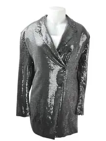 PrettyLittleThing Silver Metallic Sequin Long Sleeve Tuxedo Blazer Mini Dress 16