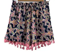 Simply Southern Navy Blue & Pink Starfish Print Tassel High Rise Shorts Size S/M