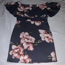 Blooms in the City Off Shoulder Ruffle Mini Dress Gray Grey Mauve Pink Floral