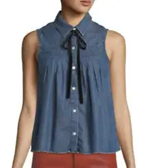 $235 New Frame Tie Neck Denim Sleeveless Shirt - Tencel Cotton Linen - Medium