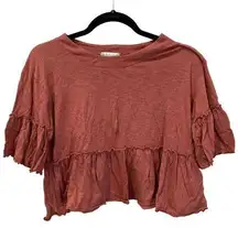 Altar'd State Women's Brown Peplum Round Neck Short Sleeve Crop Top Size Small