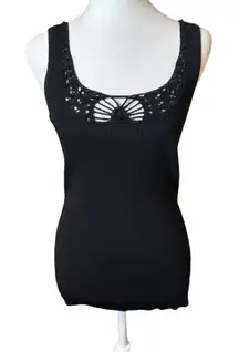 Vtg Cache Black Ribbed Crochet Beaded Tank Top Medium Whimsigoth Witchy Gothic