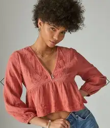 Lucky Brand NWT  Top Embroidered Lace Babydoll Blouse Long Sleeve Red Size Large